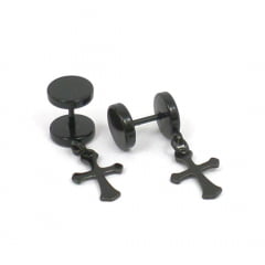 Brinco Estilo Alargador 8 mm com cruz Preto Brinco Estilo Alargador 8 mm com cruz Preto