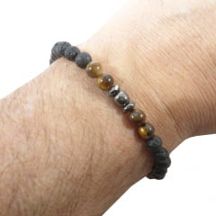 Pulseira Mix de Pedras Olho de Tigre, Vulcânica e Hematita Pulseira Mix de Pedras Olho de Tigre, Vulcânica e Hematita