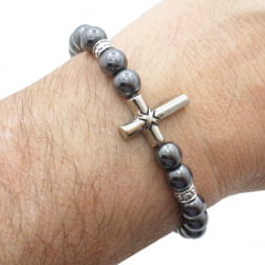 Pulseira Pedras Hematita e Cruz Pulseira Pedras Hematita e Cruz