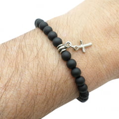 Pulseira Pedras Onix Fosca com Cruz Pulseira Pedras Onix Fosca com Cruz